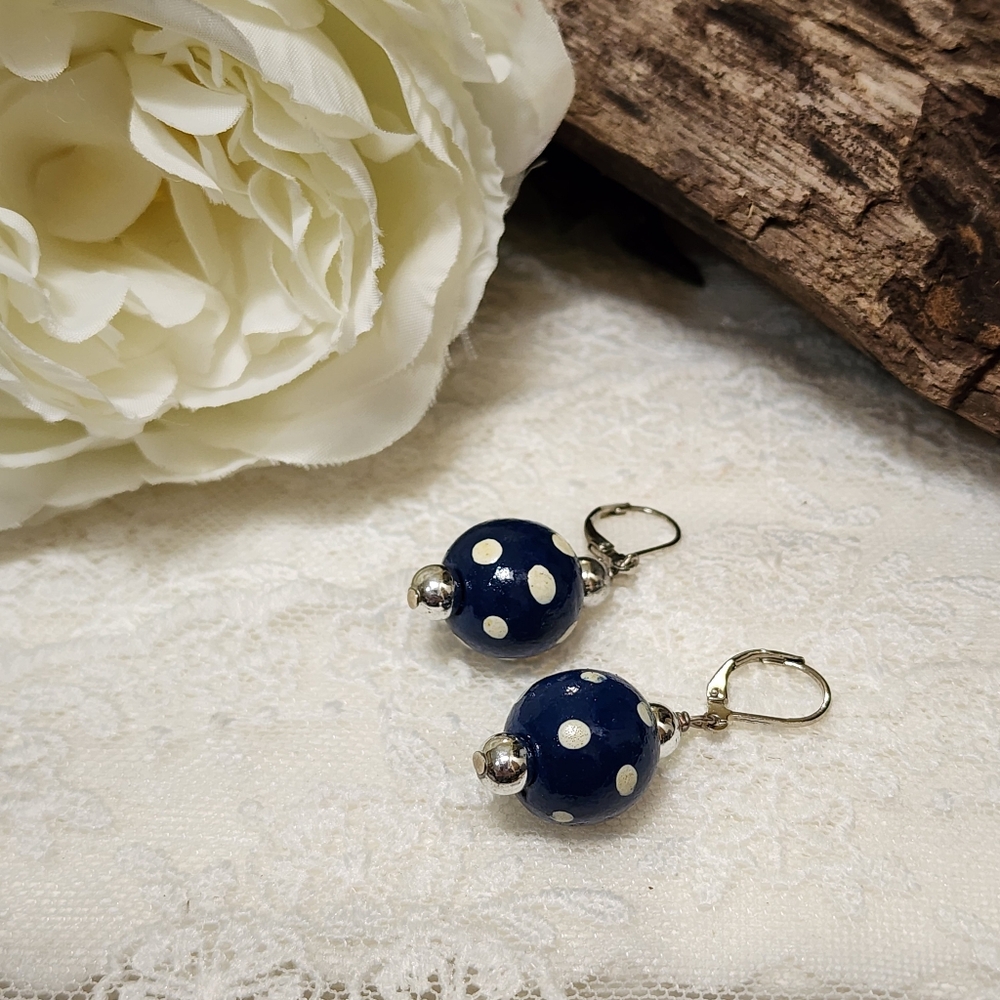 Vintage Blue and White Polka Dot Lever Back Earrings - Picture 2 of 6